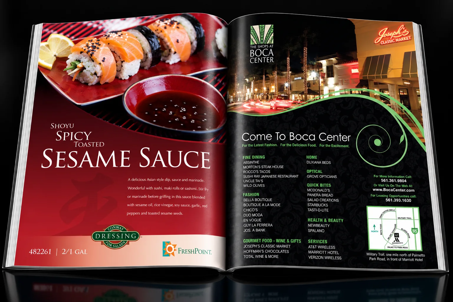 Magazine spread: Conway Dressing sesame sauce ad and Shops at Boca Center ad