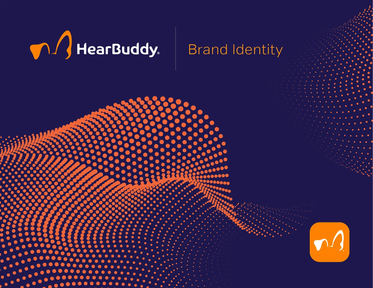 HearBuddy brand identity: logo on navy with an orange dot wave