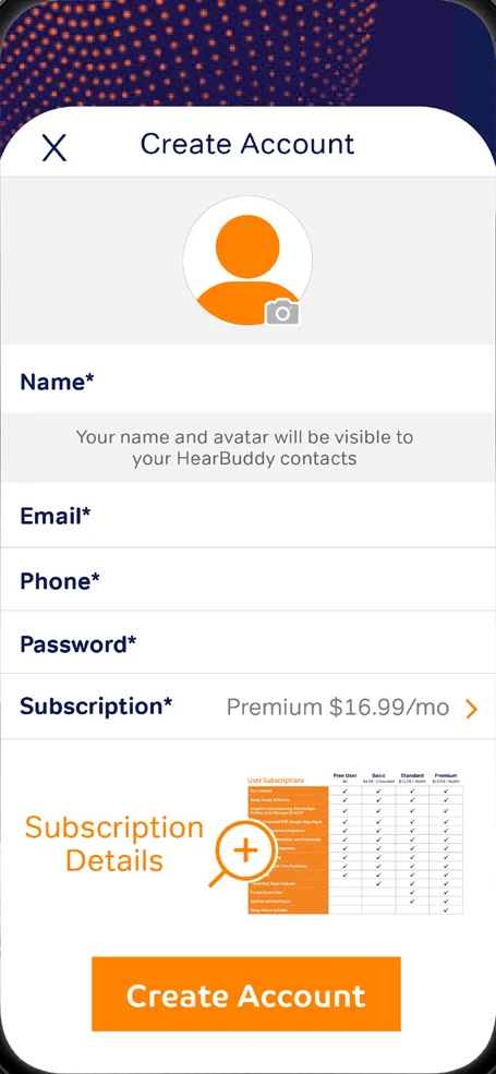 Create account screen